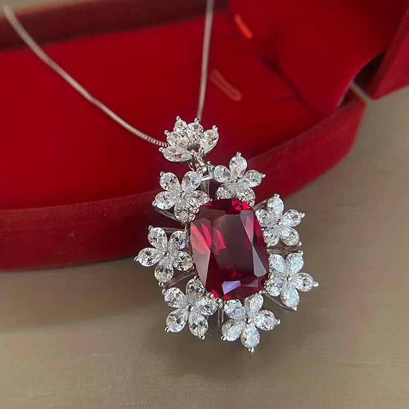 floral red synthetic zirconia pendant fashionable womens silver plated necklace elegant personality evening party jewelry   6