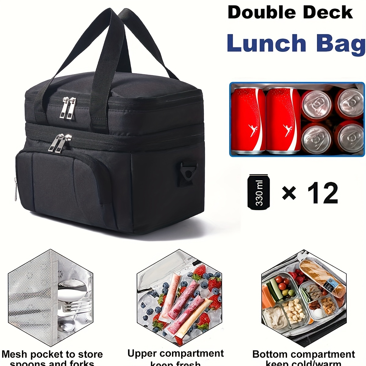 Insulated Lunch Bag for Men Women, Reusable Dual Deck Lunch Bag