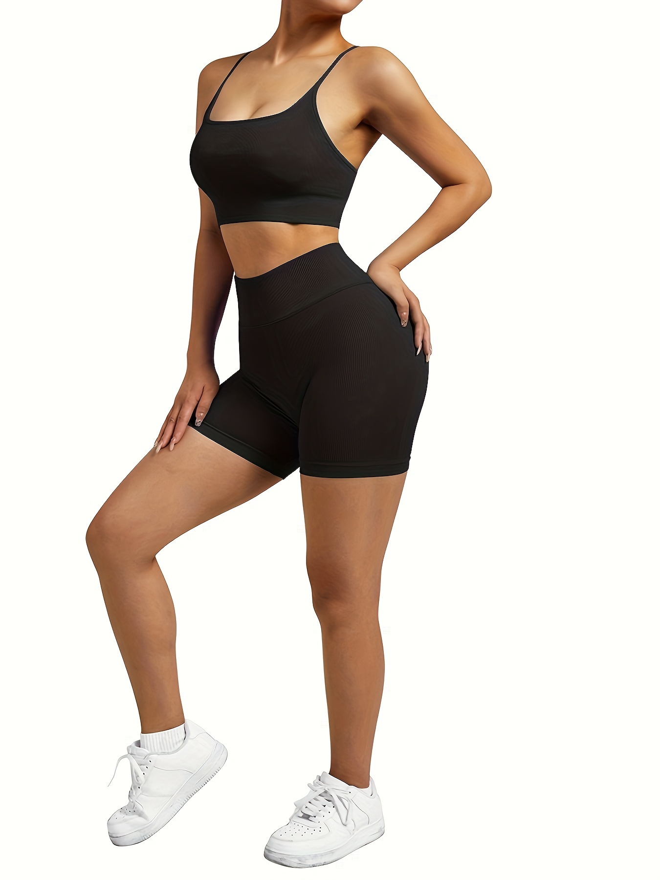 Solid Color Fitness Set Rib knit Criss Cross Straps Top High - Temu