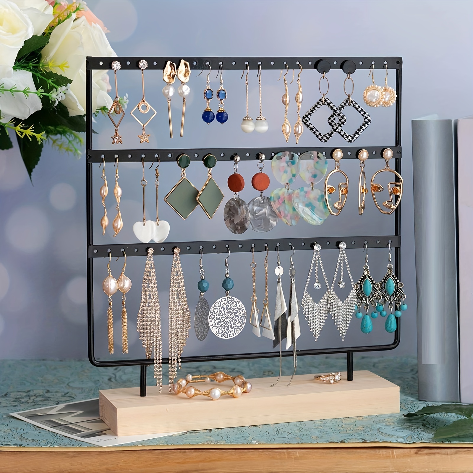 Dangle Stud Hoop Earring Holder Organizer Jewelry Storage Rack Easy Display  (Light Blue)