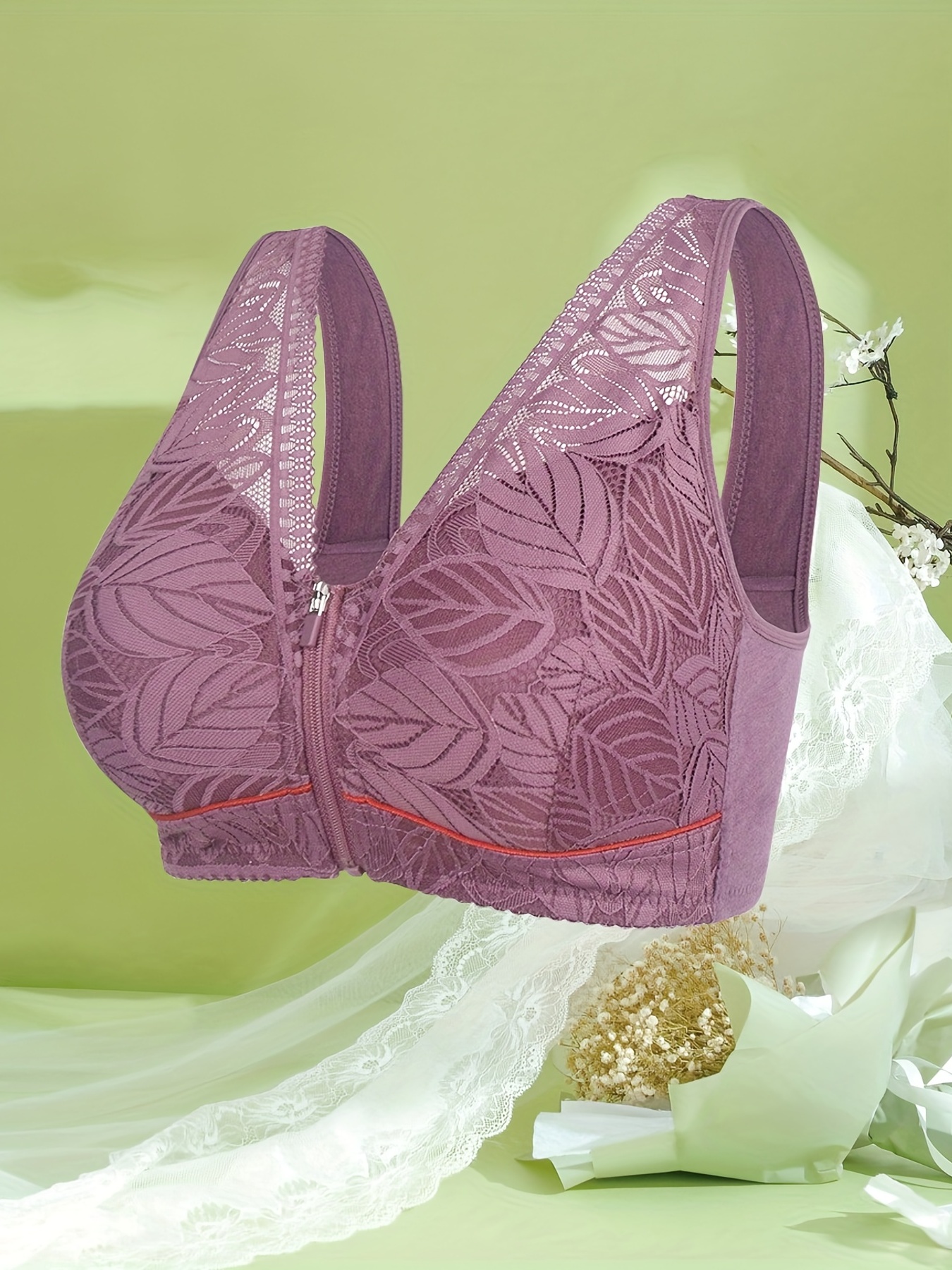 Plus Size Elegant Bra Women's Plus Leaf Jacquard Zipper - Temu Bahrain