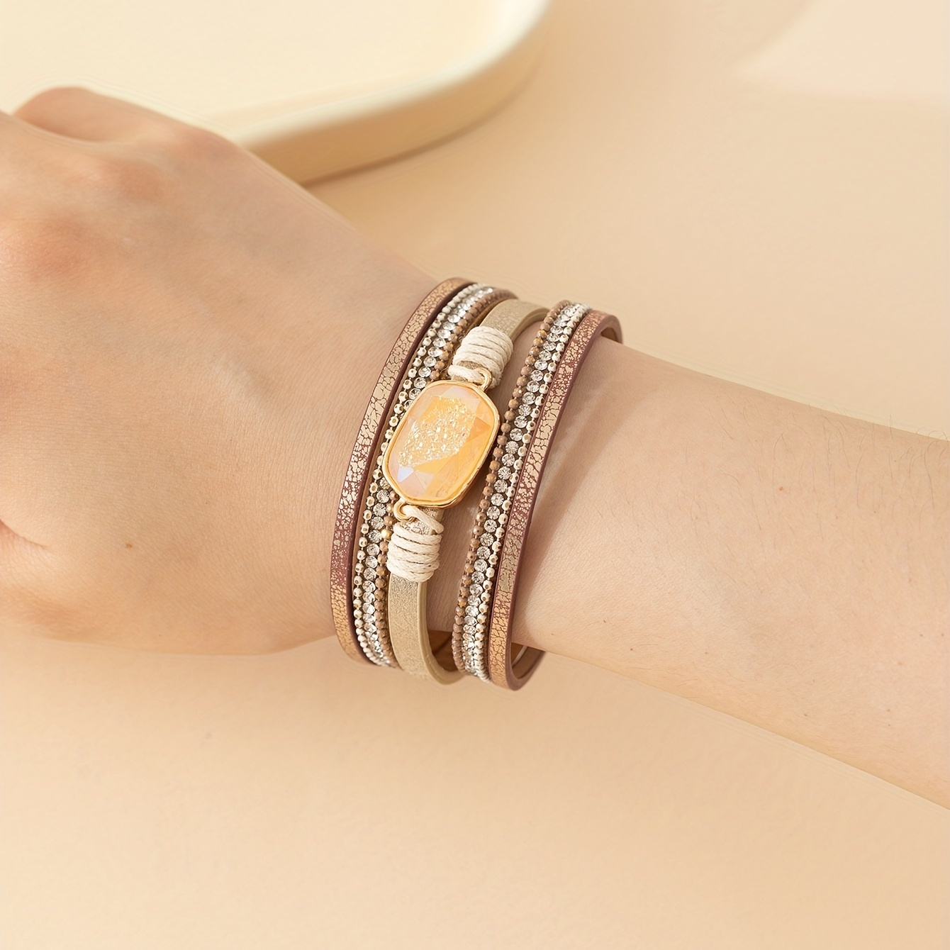 Boho Multicolor Leather Resin Rhinestone Bracelet