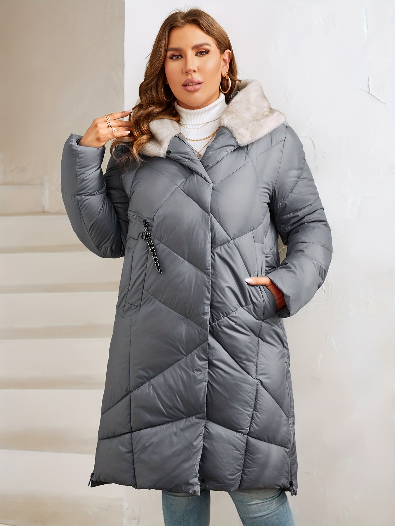 Plus Size Elegant Winter Coat Women's Plus Solid Quilted Zip - Temu