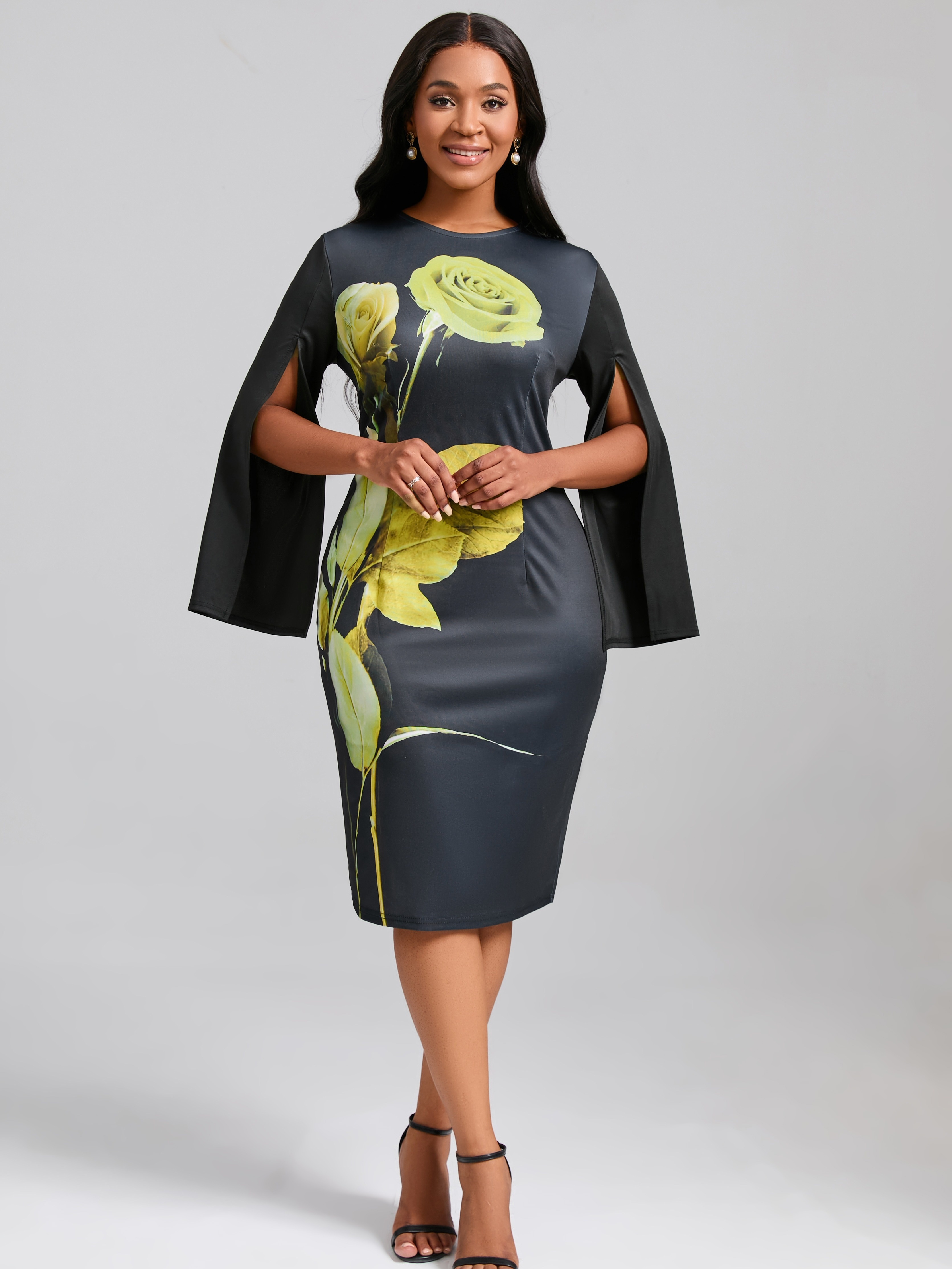 Elegant Split Sleeve Slit Dress, Long Sleeve Crew Neck Fashion Floral Print  Fitted Dresses, Women's Clothing