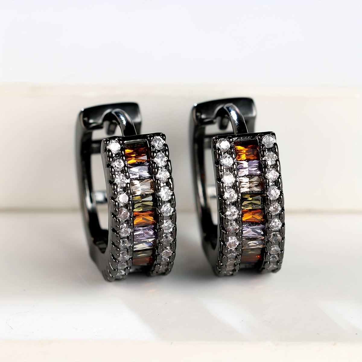 

Sparking Black Hoop Earrings Embellished With Colorful Zircon Copper Jewelry Vintage Punk Style Personality Earrings