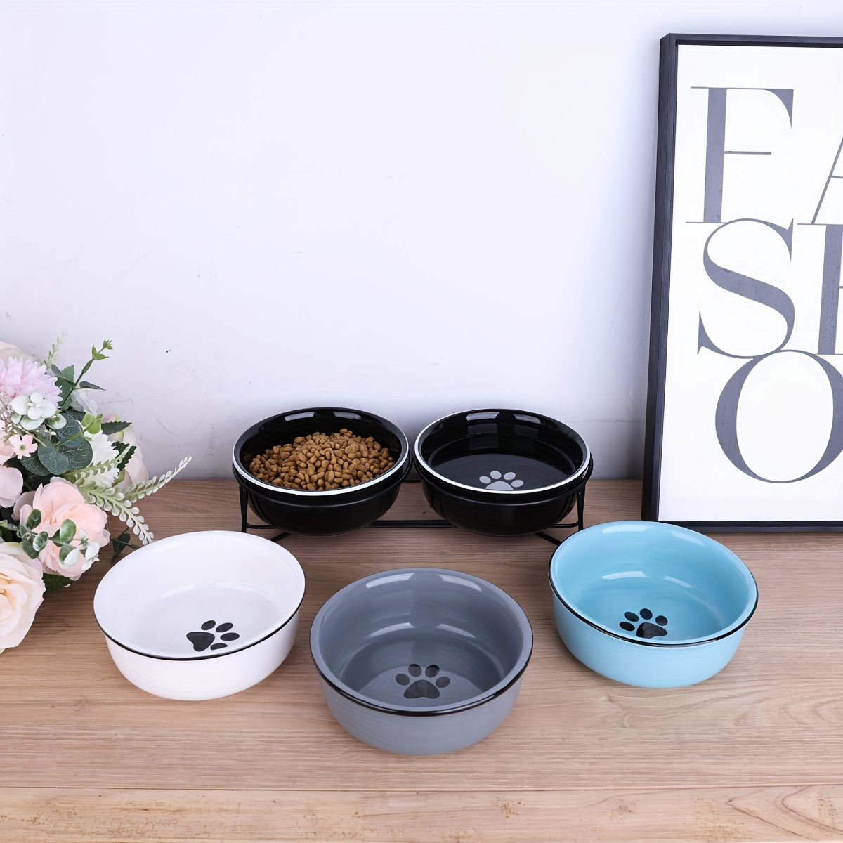 Ceramics Raised Cat Small Dog Bowls With Heighten Metal Stand For