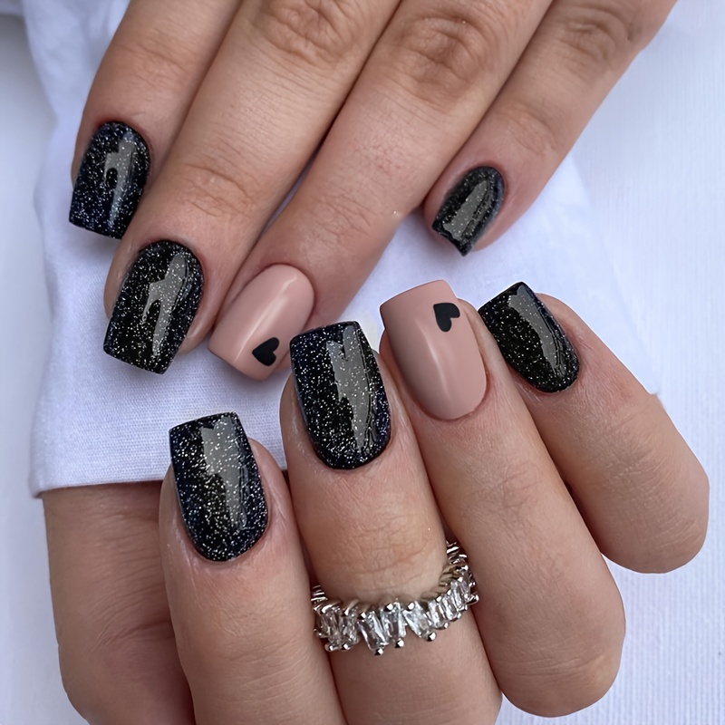 TEMU Ongle carré mi-long, noir, doux, cool, cœur clignotant, style western ins, mode, alléable, à sur les ongles