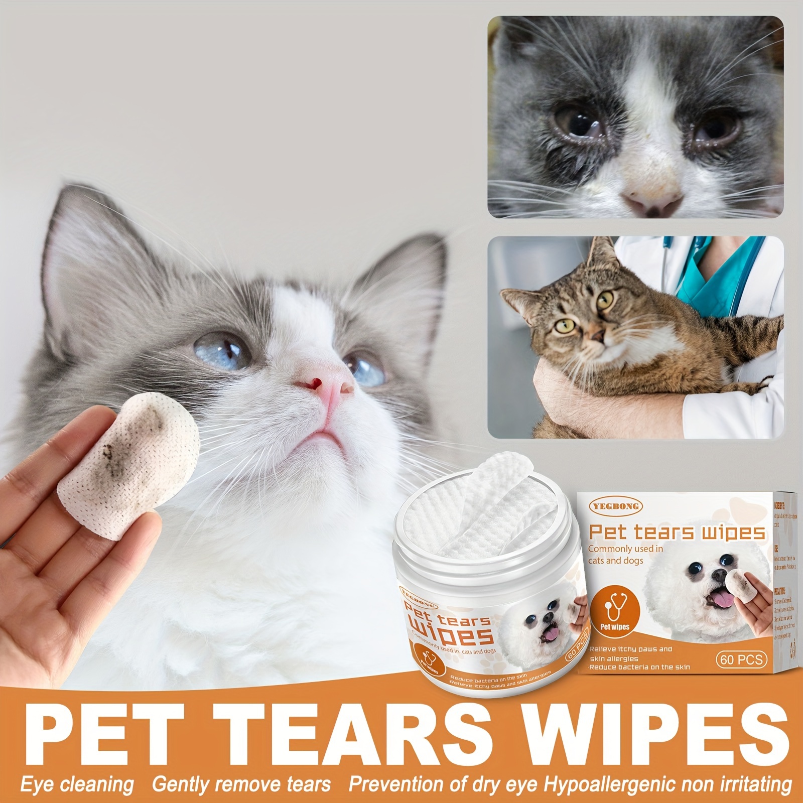 Toallitas de limpieza para mascotas, toallitas húmedas iminar de gatos,  toallitas húmedas para perros, toallitas cuidado de cachorros Ojo 130pcs