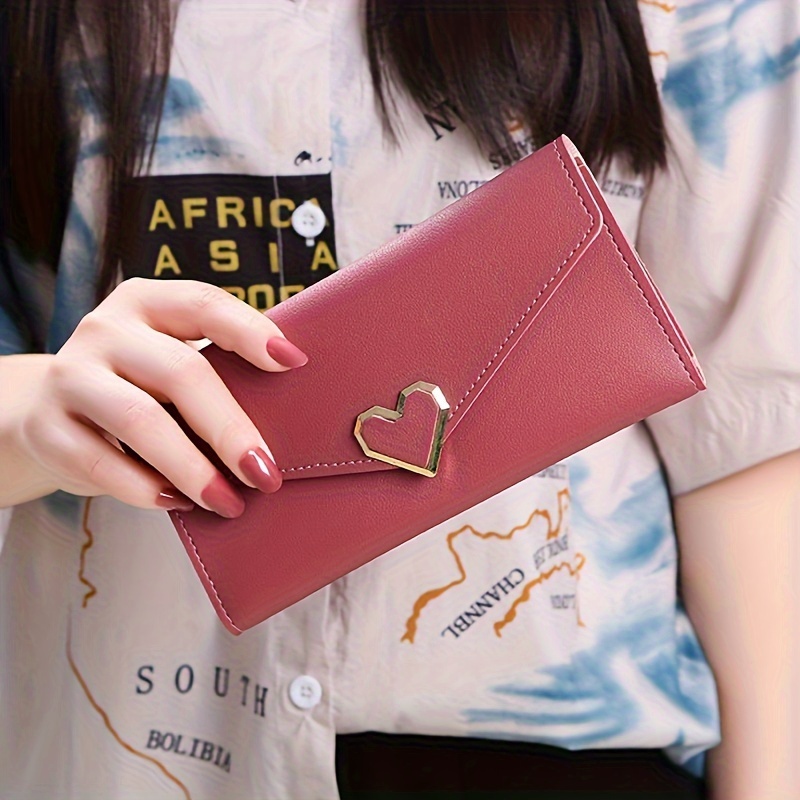 

1 Pc New Fashion Women's Long Wallet, Solid Color Heart Buckle Decor Coin Purse