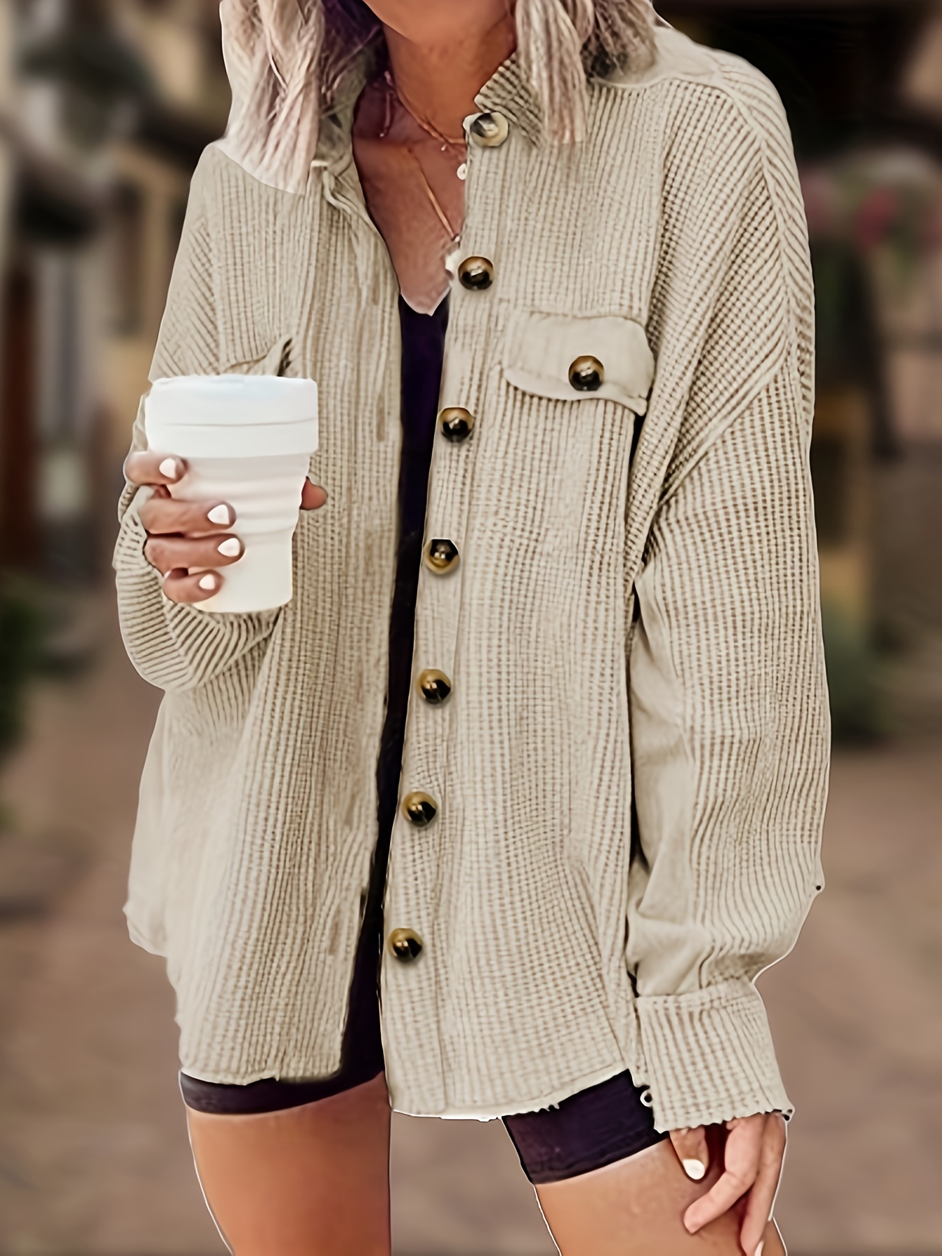 Button Front Ribbed Jacket Casual Long Sleeve Versatile - Temu