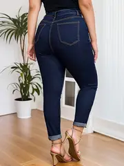 plus size casual jeans womens plus solid rolled button fly high rise medium stretch skinny jeans details 2