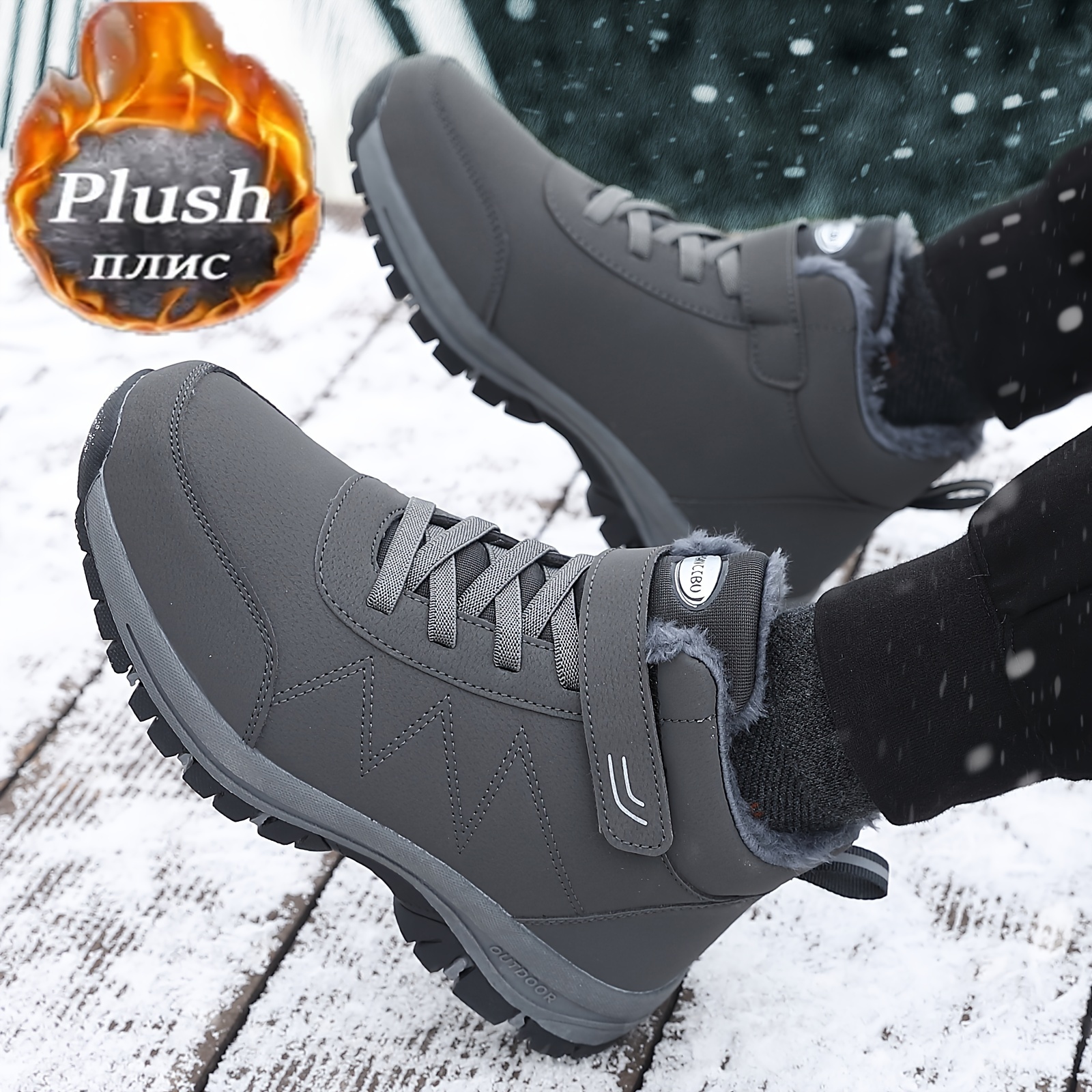 Mens Snow Boots Thermal Winter Shoes Boots With Hook And Loop