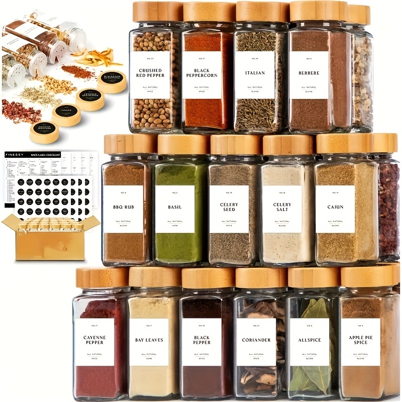 12Pcs Glass Spice Jar with Bamboo Airtight Lids and Labels, Clear