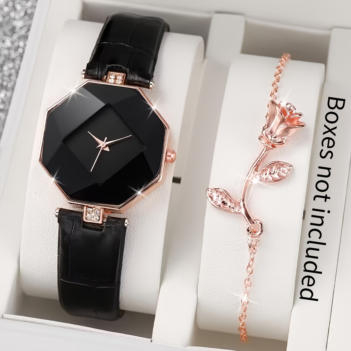 

2pcs/set Women's Watch Casual Polygon Pointer Quartz Watch Analog Pu Leather Wrist Watch & Rose Bracelet, Gift For Mom Her