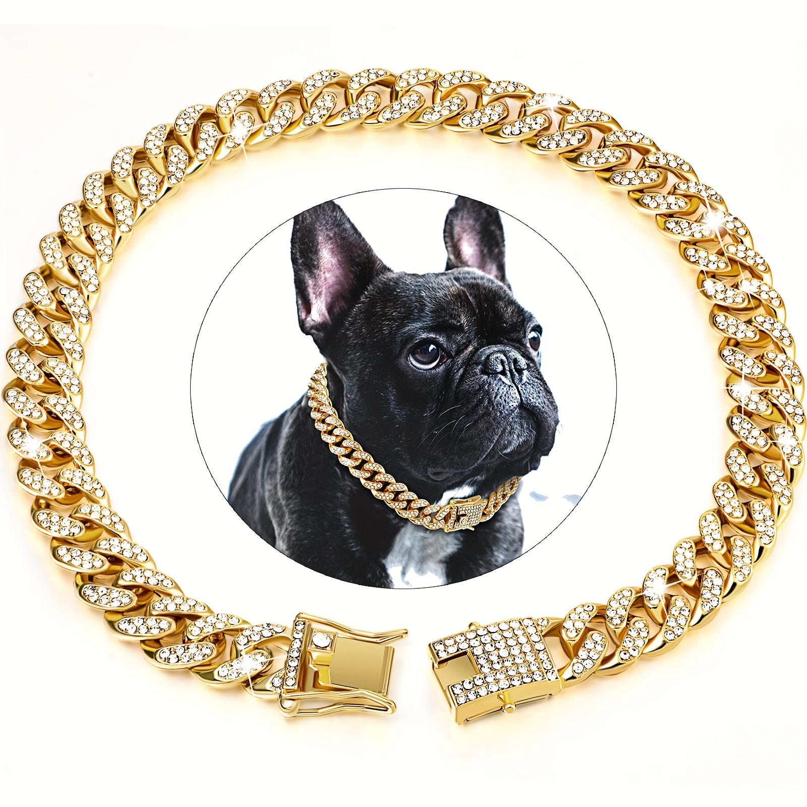 

Cuban Collar Dog Chain With Secure Buckle And Artificial Diamonds - Stylish And Durable Pet Accessory