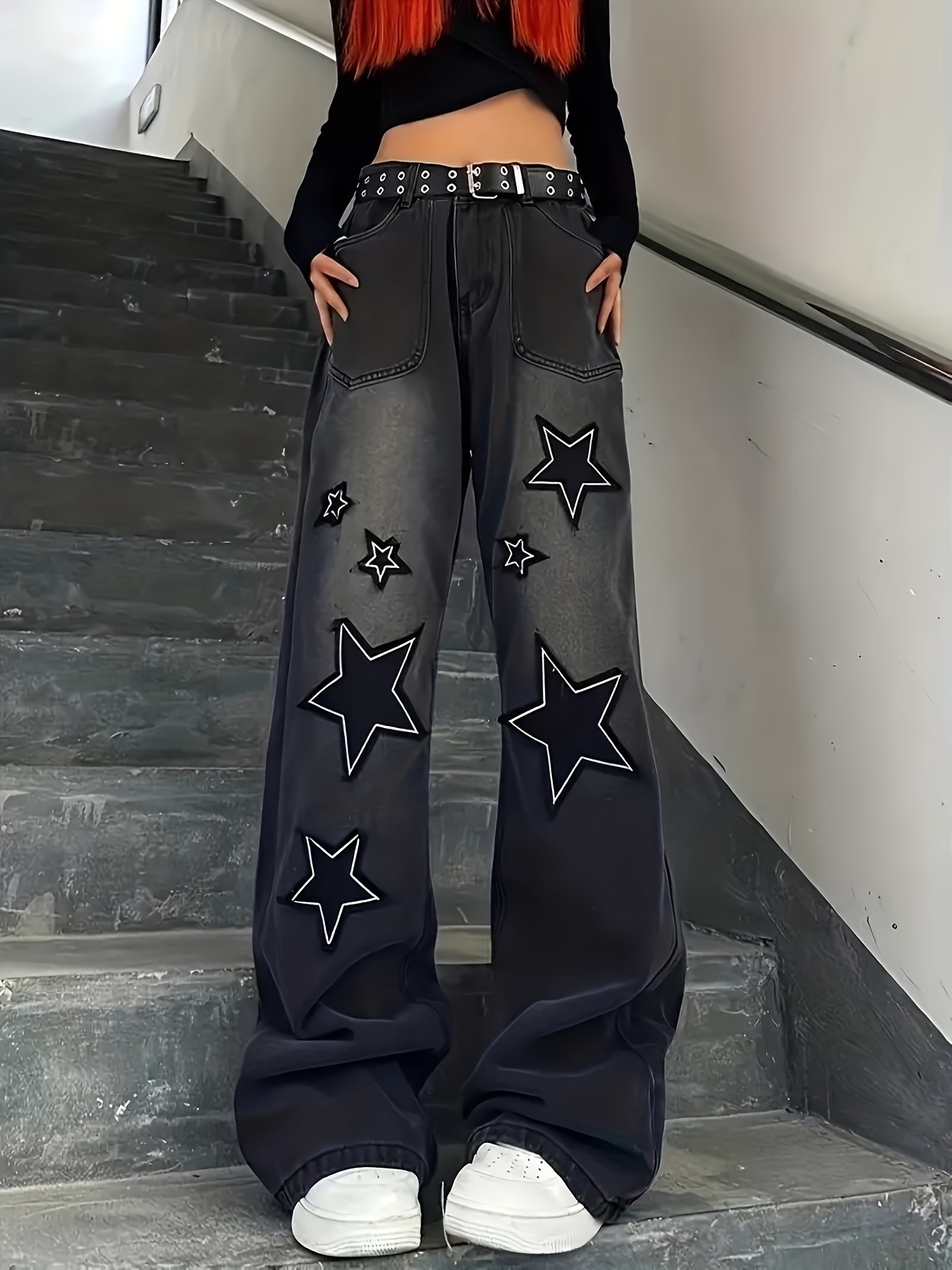 Star Pattern Chic Baggy Jeans Loose Fit Slant Pockets Wide - Temu Canada