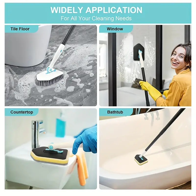 Long Handle Bathroom Scrubber, Extendable Multifunctional Tub Tile Scrubber  Brush, Floor Wall Tile Window Scrub Brush, (1 Pole+1 Hard Bristle Brush+2  Cleaning Cloth+1 Fiber Cloth), Cleaning Supplies, Cleaning Tool,back To  School Supplies 