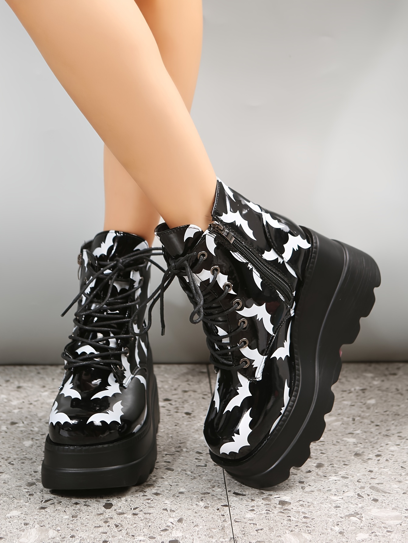 Women's Bat Pattern Wedge Heeled Boots, Fashion Lace Up Side Zipper