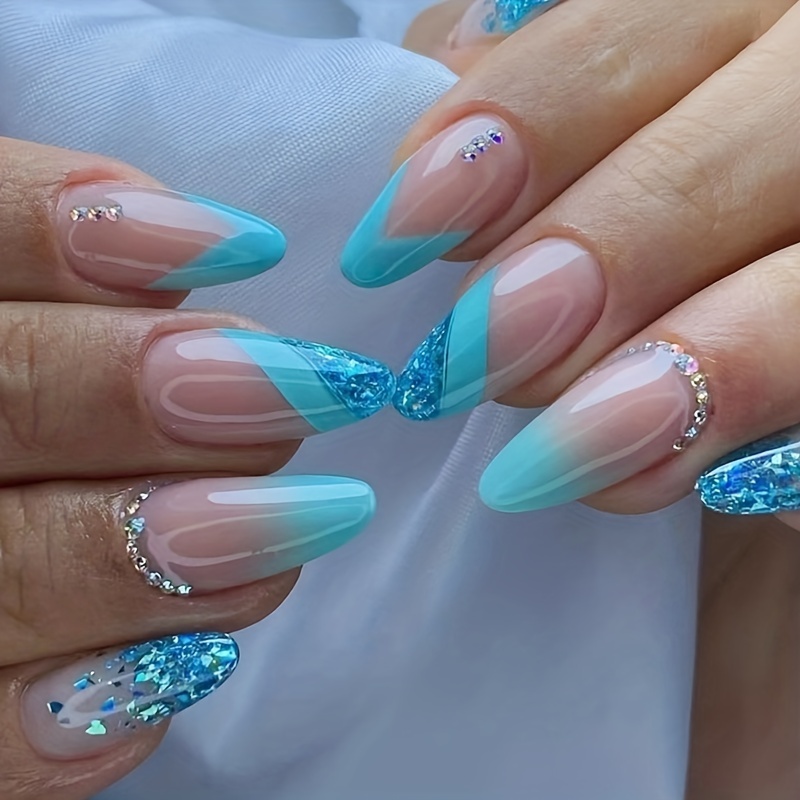 

24pcs Glossy Blue French Tip Press On Nails With Bling Rhinestone Design - Long Almond Shape For Women And Girls - Full Cover Glitter Sequin False Nails For A Stunning Look