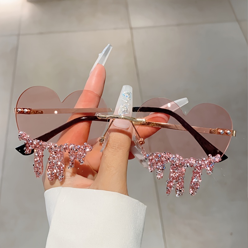 

Melting Heart For Women Men Cute Bling Rhinestone Rimless Decorative Shades Props For Party Beach Prom Fashion Glasses