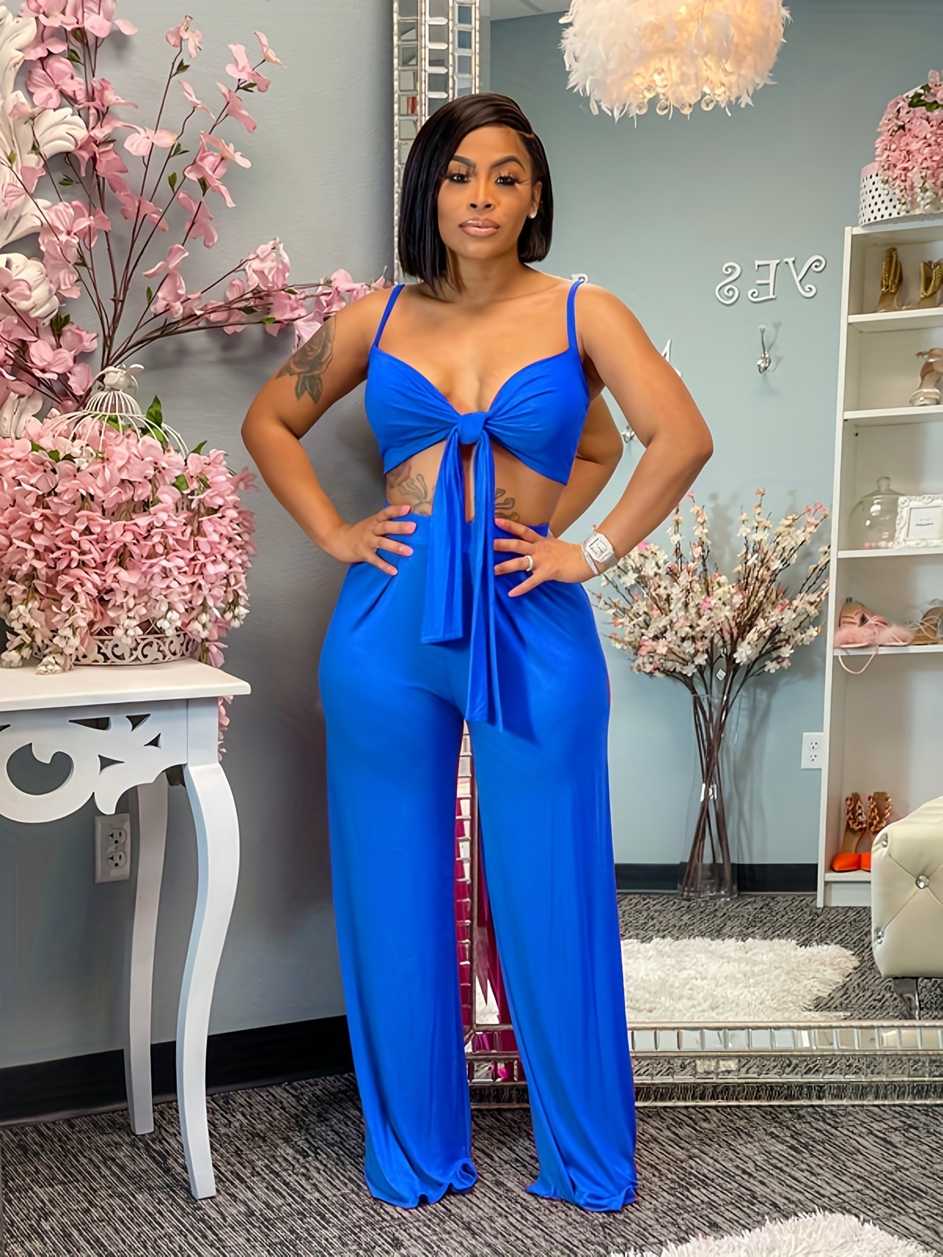  Dgebou Summer Elegant Two Piece Outfits for Women, Sexy Halter  Criss Cross Tank Crop Tops and Wide Leg Pants Sets Shiny Clubwear (Blue-1,  S) : Clothing, Shoes & Jewelry