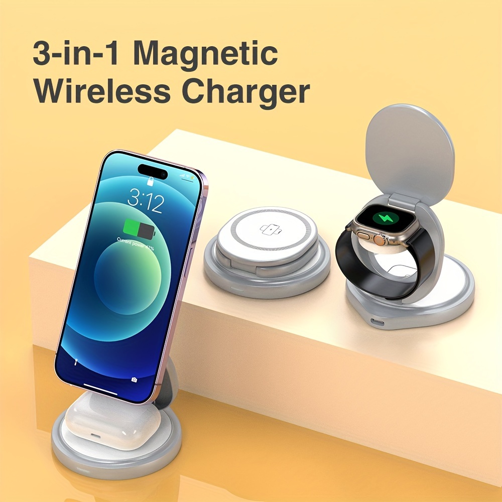 Cargador inalámbrico, magnético plegable 3 en 1, estación de carga  inalámbrica de viaje rápido, compatible con iPhone 14/13/12/Pro/Max, para  iWatch
