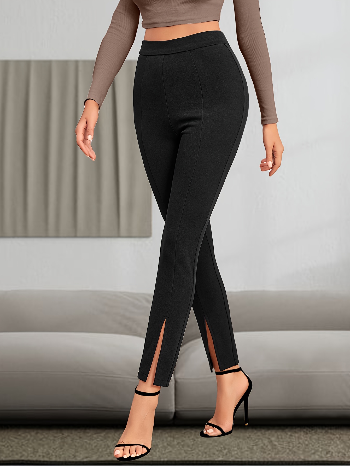 Solid Slim Slit Hem Pants, Elegant Pants For Spring & Fall, Women's Clothing