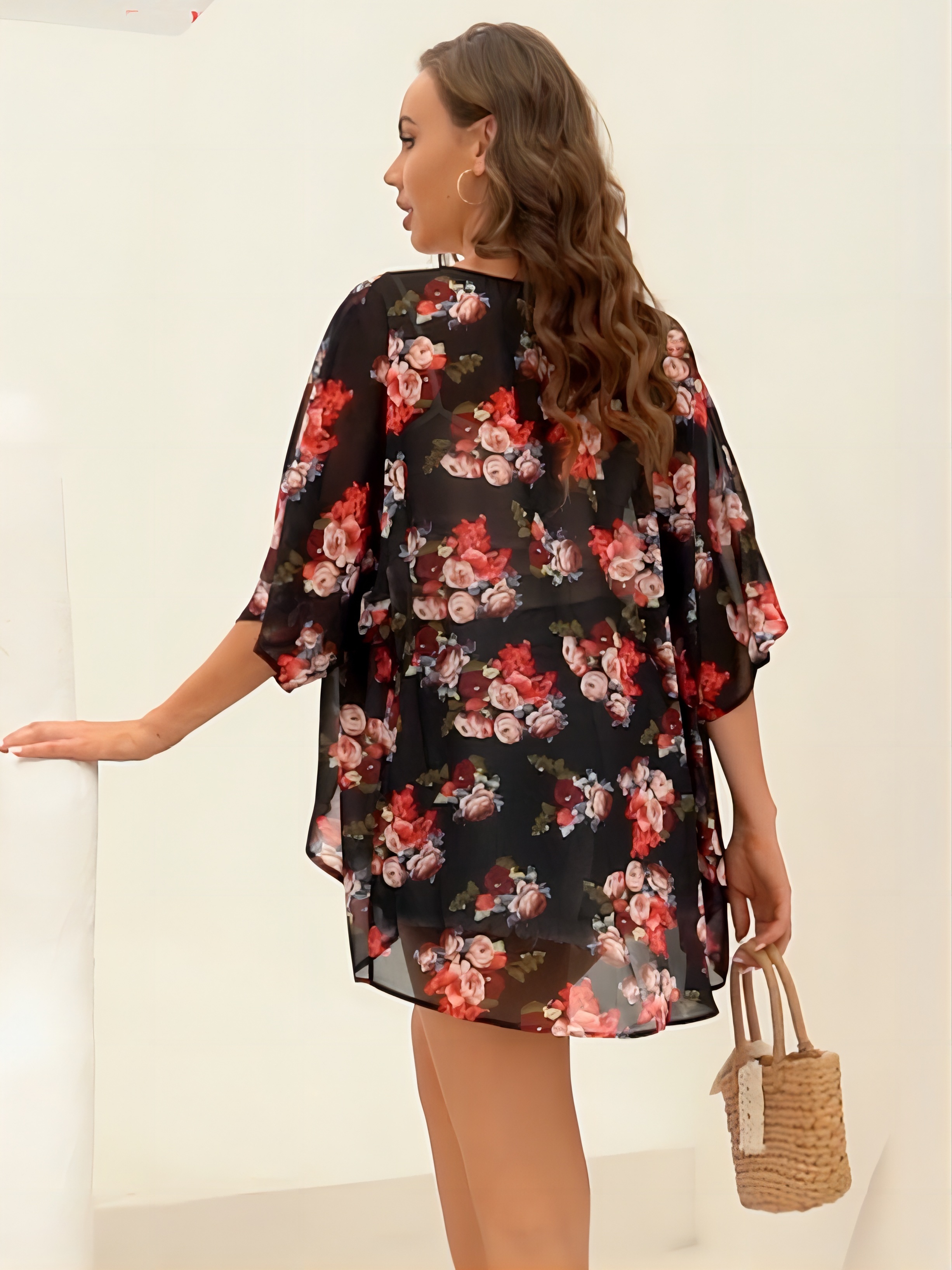 Floral Print Cover Up Cardigan, V Neck Loose Fit Half Sleeves Casual Beach Kimono, Women's Swimwear & Clothing