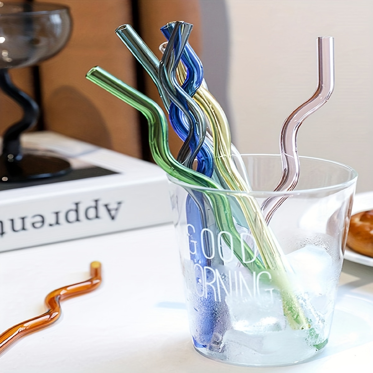 2pcs Colorful Wavy Glass Straw Accessories Reusable Clear