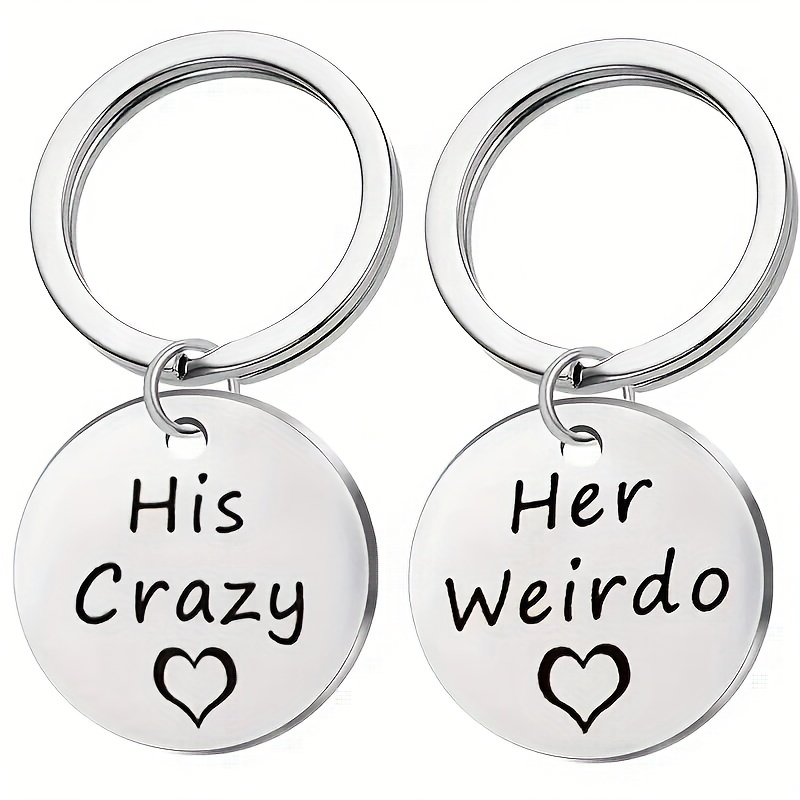 

2pcs Stainless Steel Keychain Set, , "his Crazy" And "her " Engraved, Couple Gift For Women And Girls