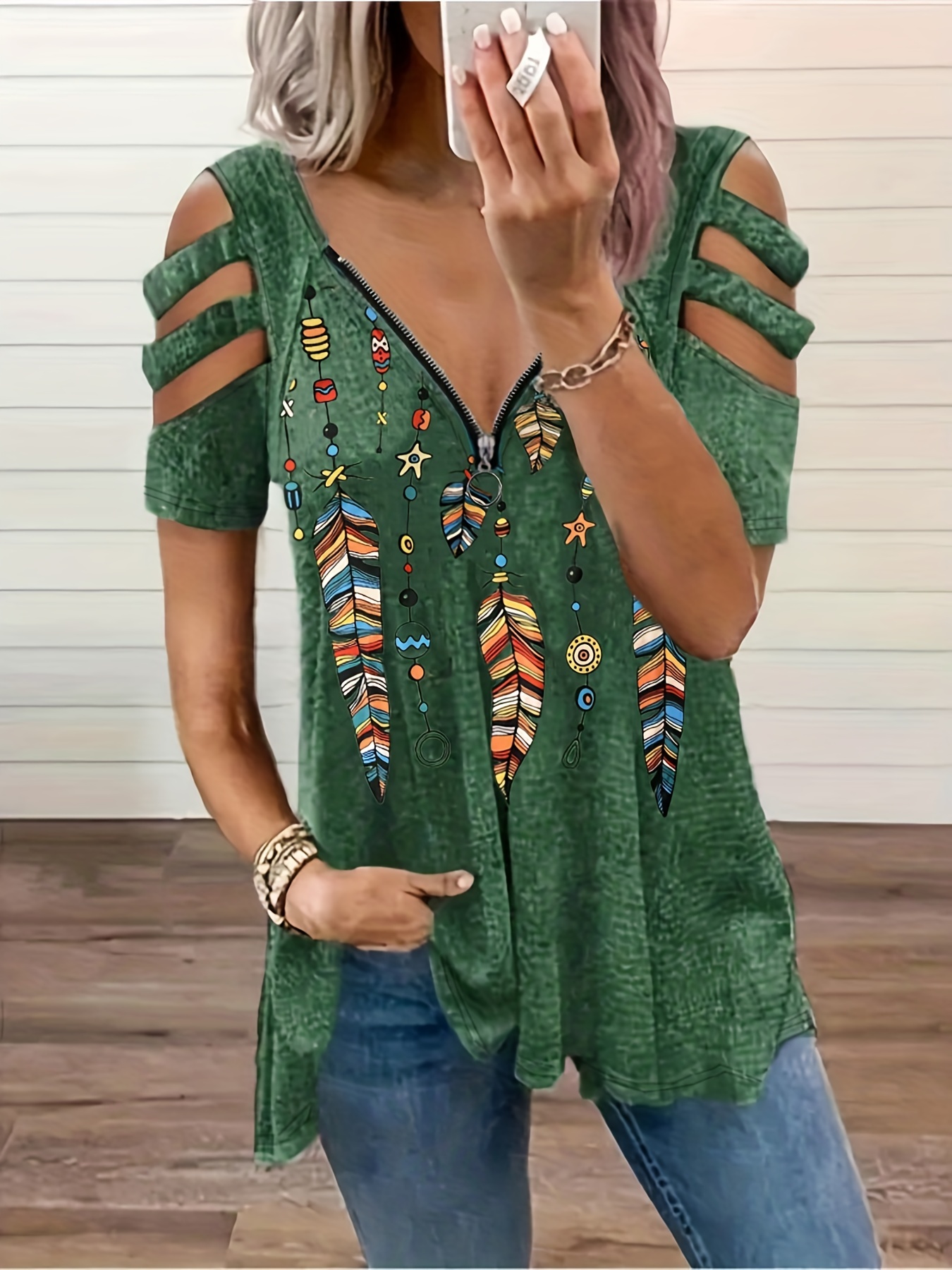 トップス goa feather printed long sleeve cut sew feather print cut sleeve t shirt casual zipper summer t - Temu