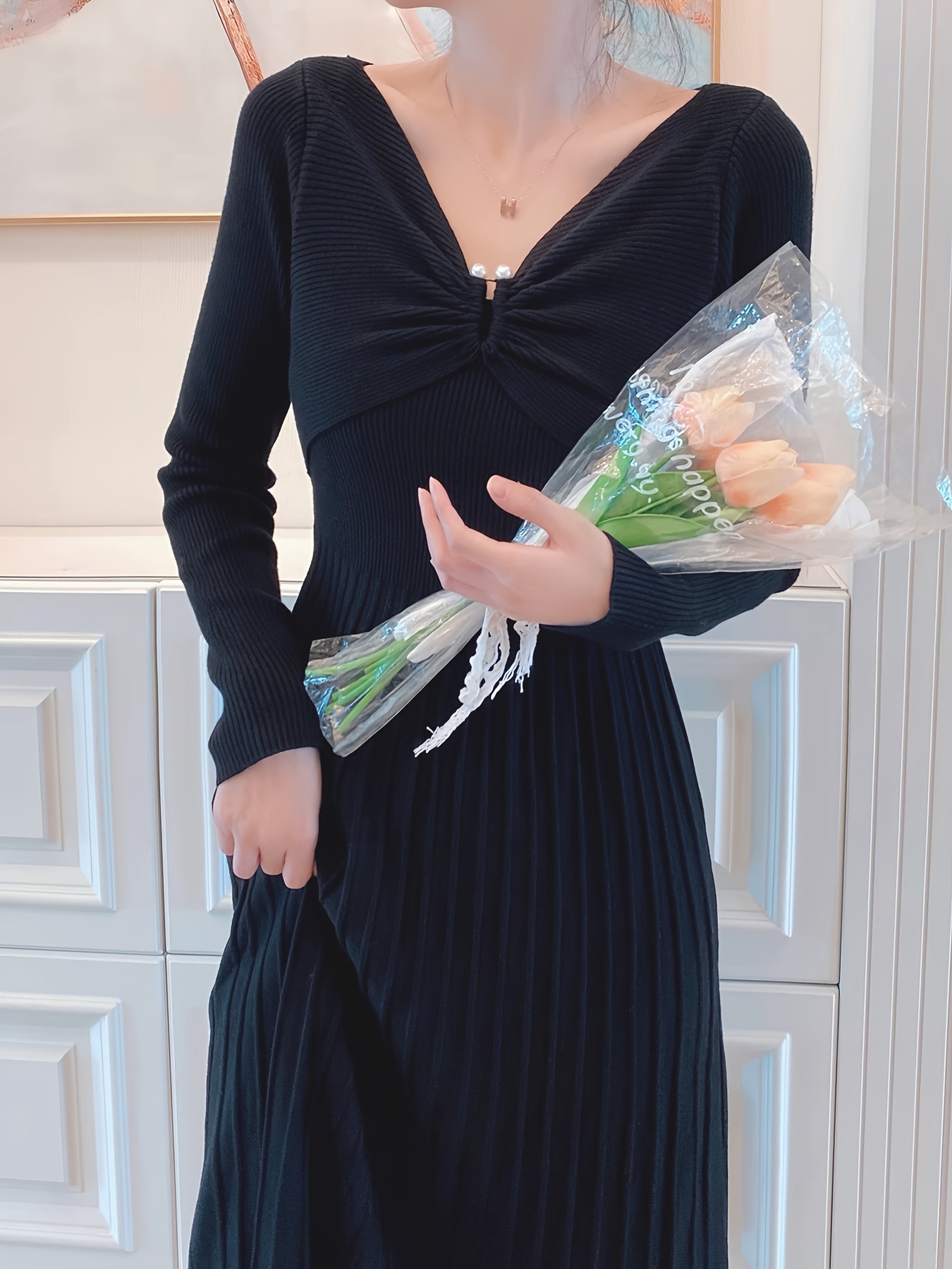 Pleated A-line Solid Dress, Elegant Long Sleeve Dress For Spring Fall,  Women's Clothing