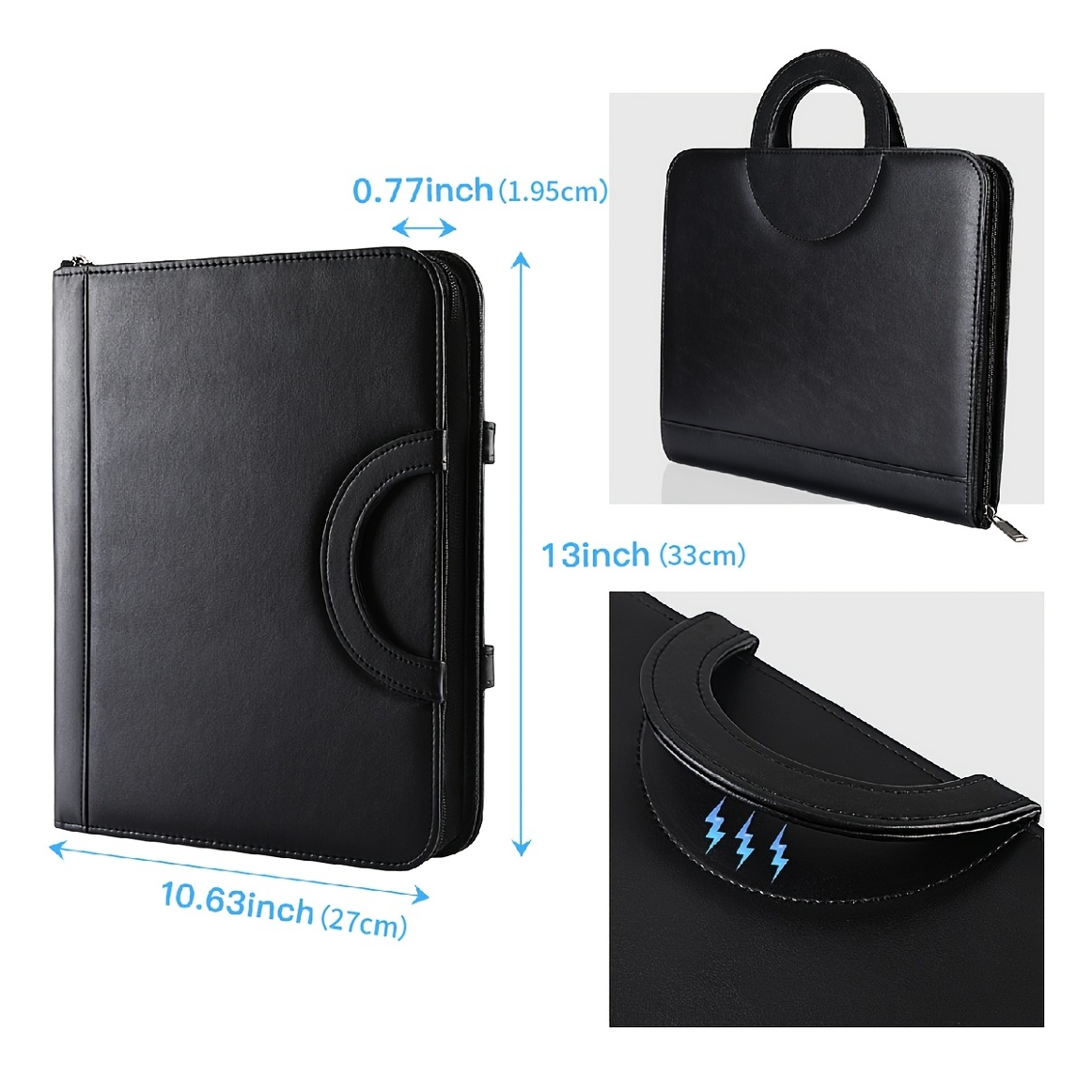 Leather Zipper Portfolio with Handle, Business Organizer Padfolio with