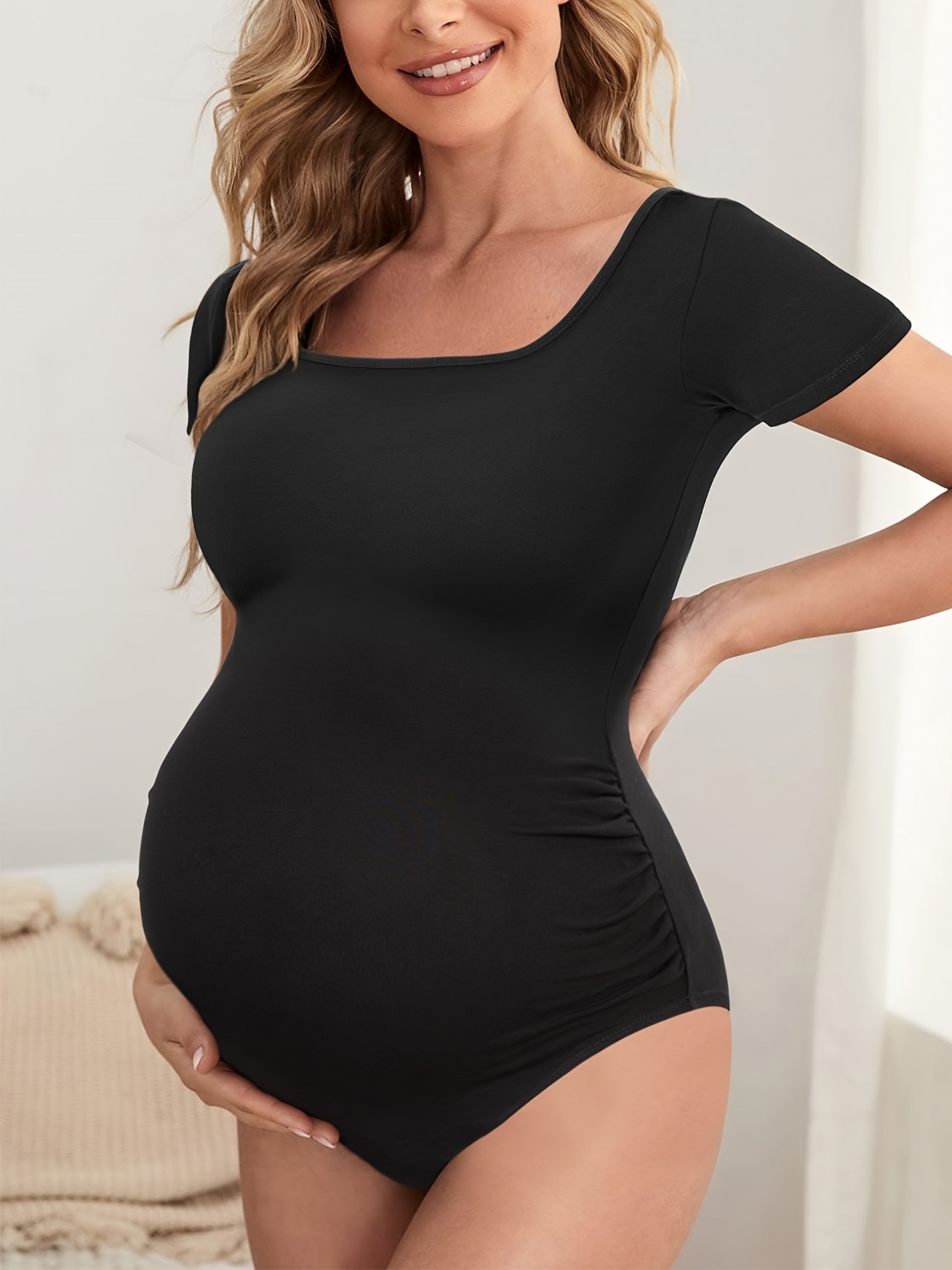 Women's Maternity Solid Jumpsuit Square Neck Short Sleeves - Temu