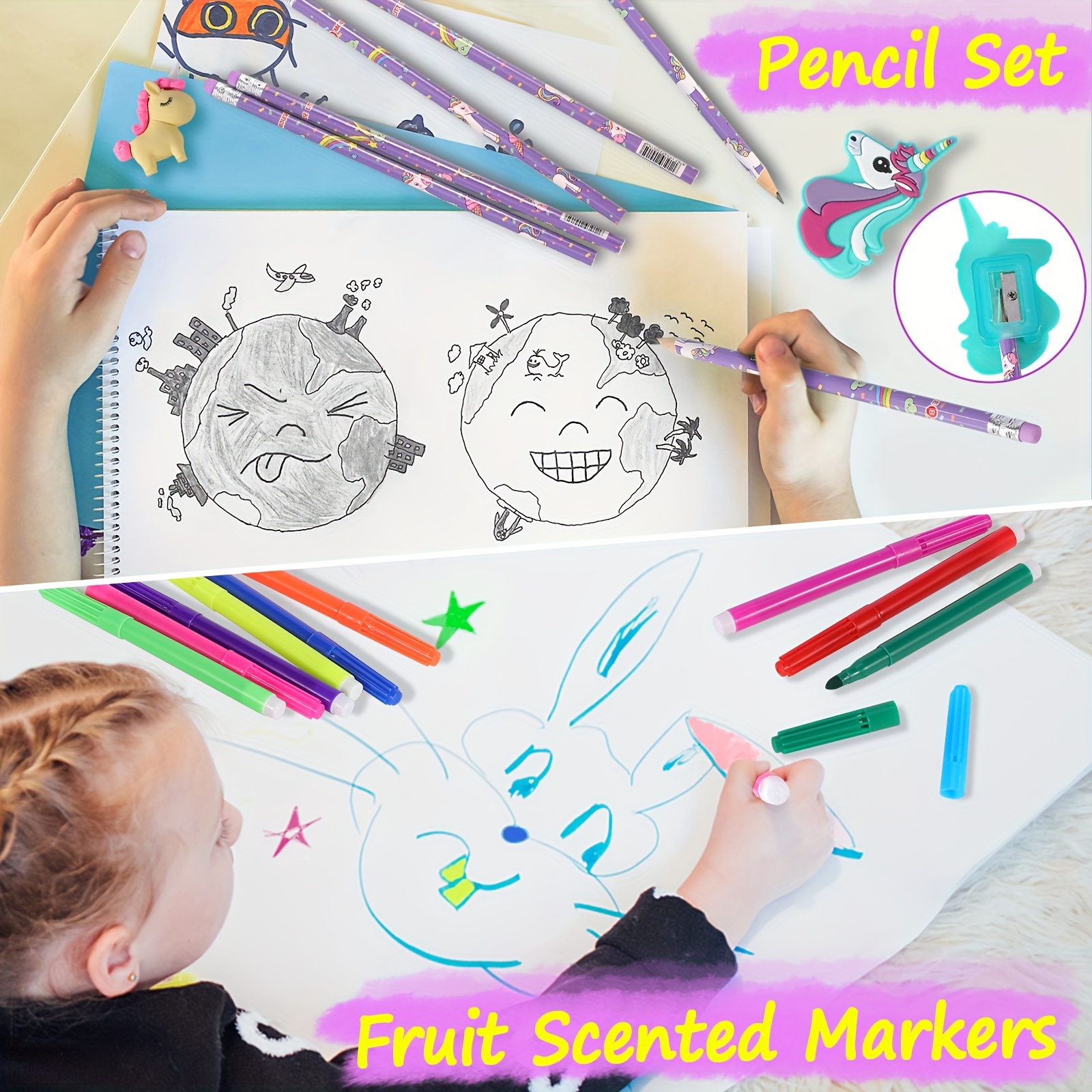 Fruit Scented Markers Set with Unicorn Pencil Case, Color Pencils