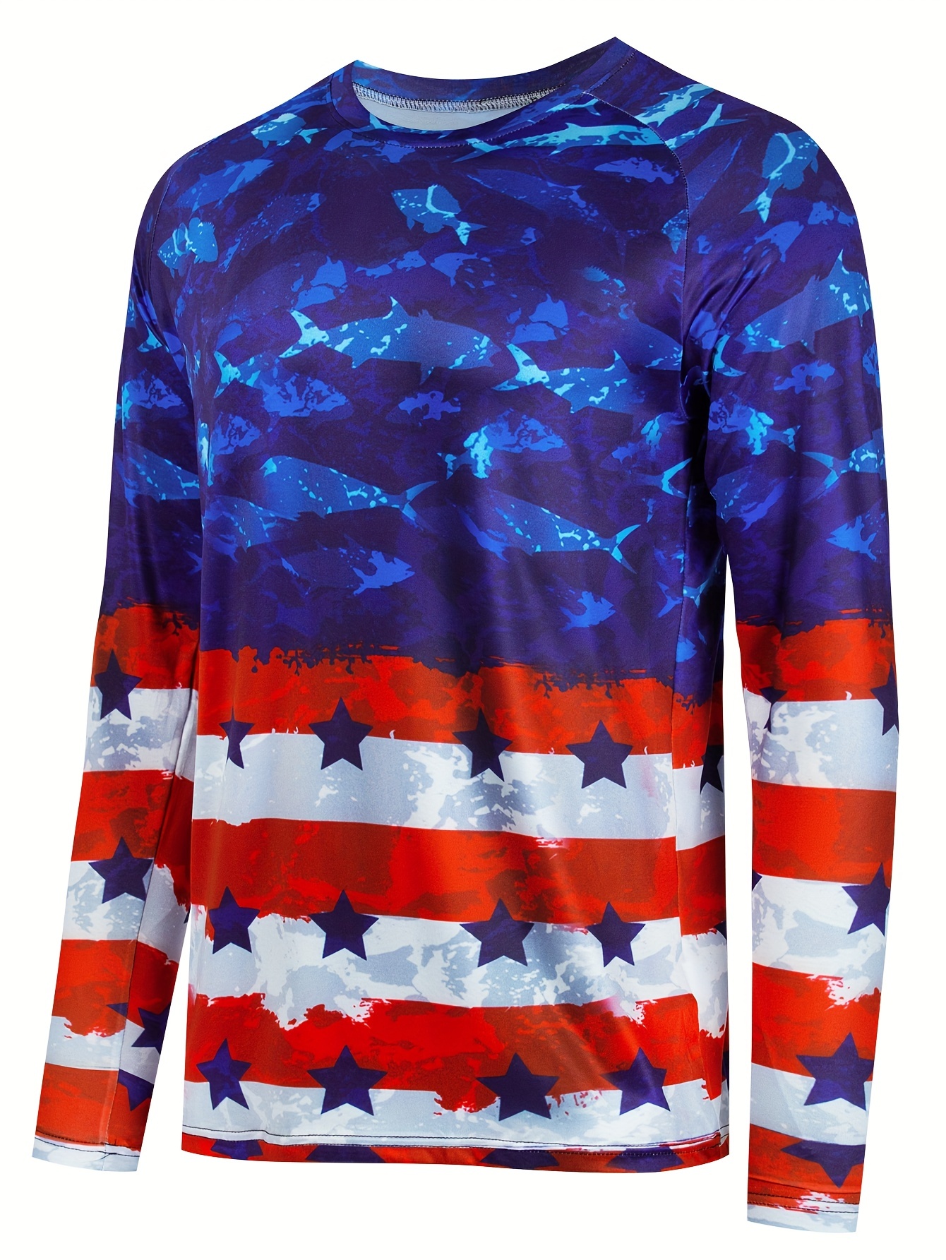 Flag Digital Print Men's Casual Long Sleeve Round Neck Rash Guard, Men's  Breathable Sunscreen Fishing Top For Outdoor