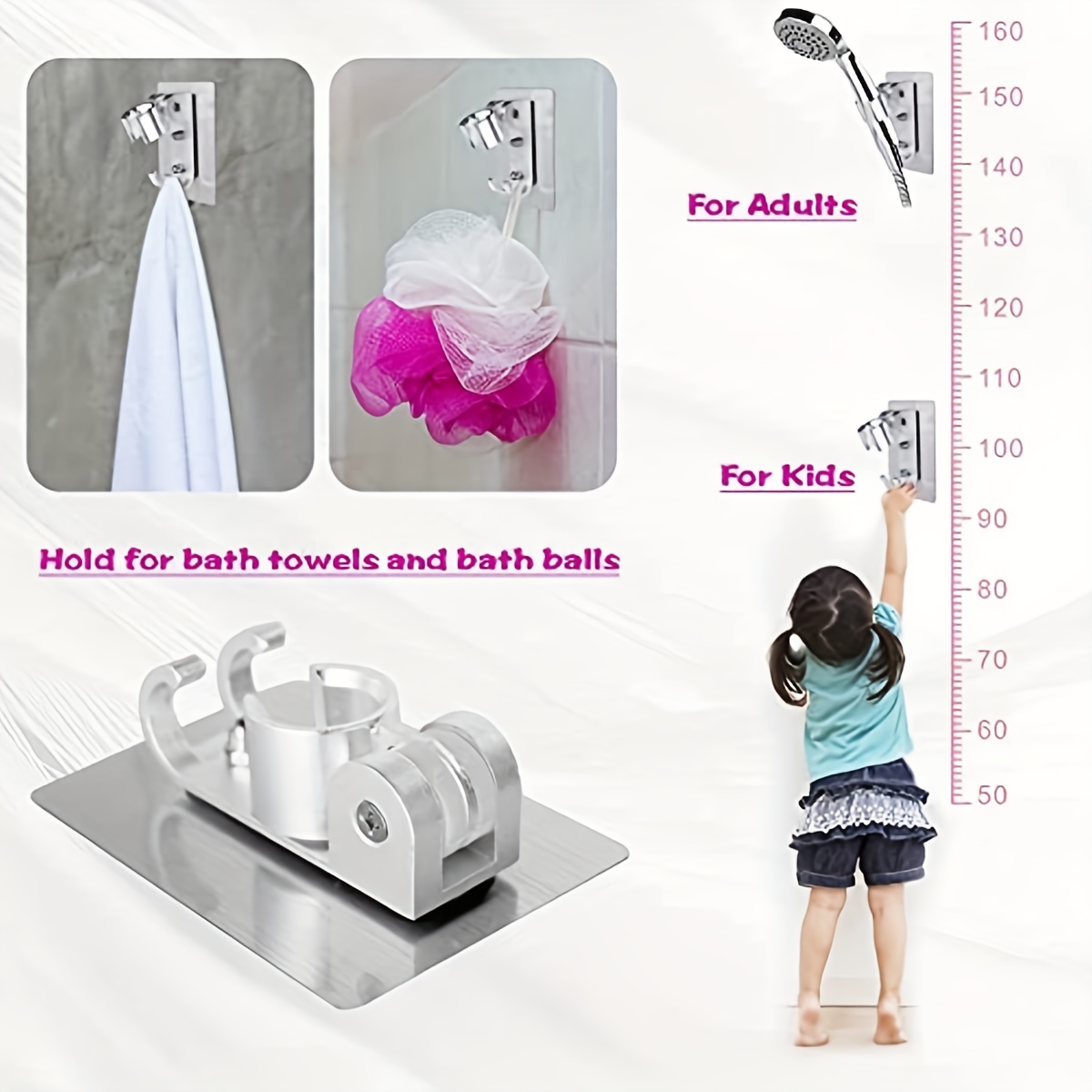 Shower Head Holder Strong Adhesive Shower Head Wall Mounting Bracket  Adjustable Shower Wand Holder with 2 Hanger Hooks No Drill Need (2)
