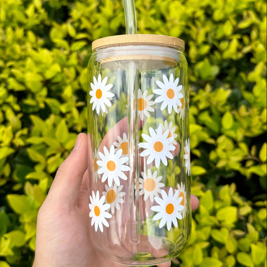 Daisy Flower Glass Cup, Iced Coffee Cup, Aesthetic Glass Cup, Beer