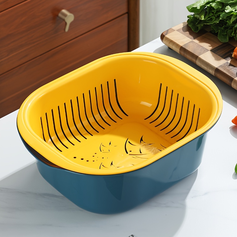 Double Drain Basket Creative Kitchen Plastic Fruit Bowl Drain Water Basket  - Green Complete…