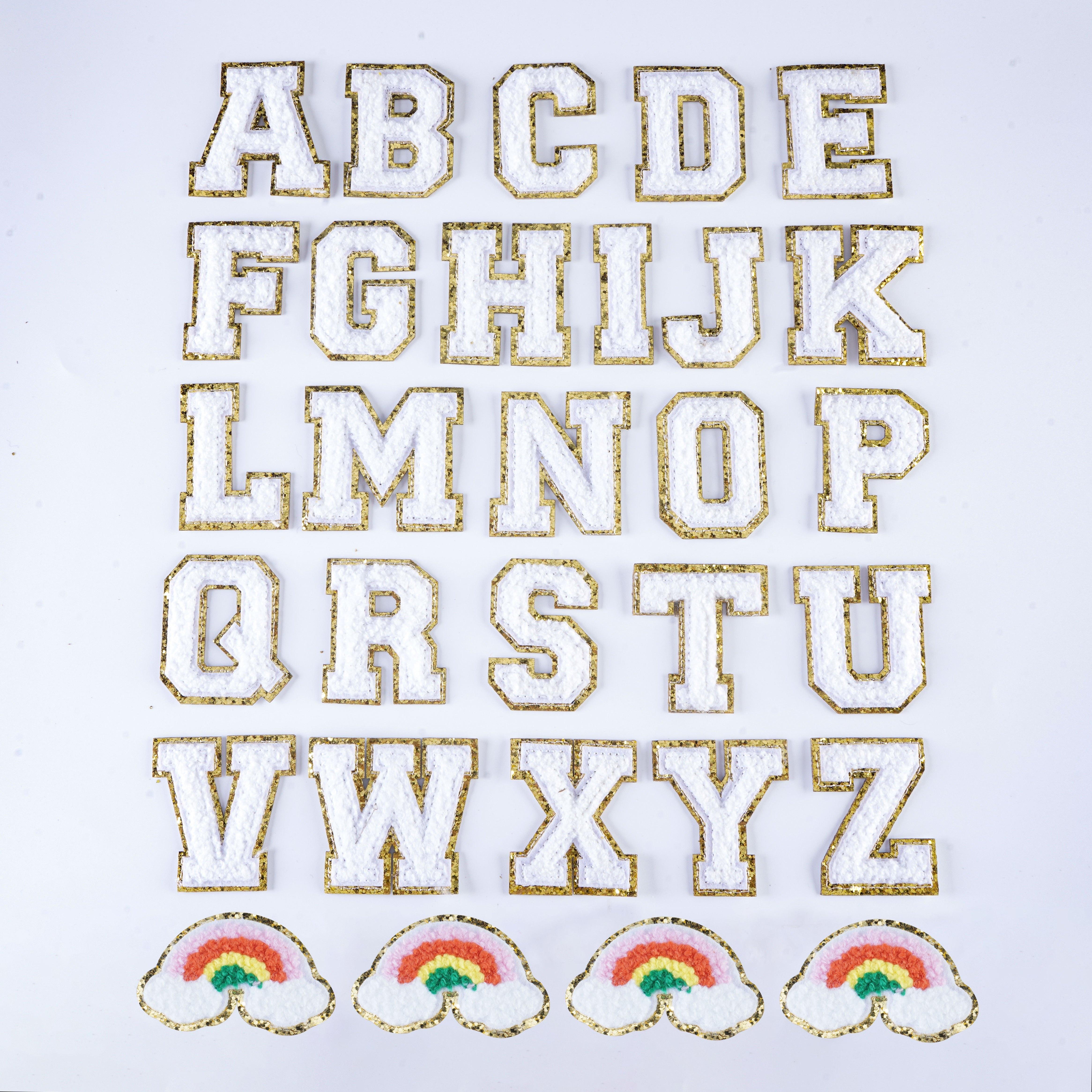 3Pcs Chenille Letter Patches Iron on Patches Glitter Varsity Letter Patches  Embroidered Patch Gold Border Sew On Patches for Clothing Hat Shirt Bag