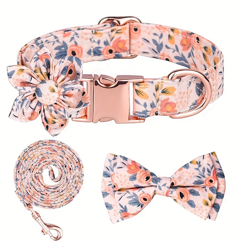 

4pcs Dog Collar And Leash Set With Bow Tie And Flower Decor, Floral Pattern Adjustable Dog Collar Dog Traction Rope