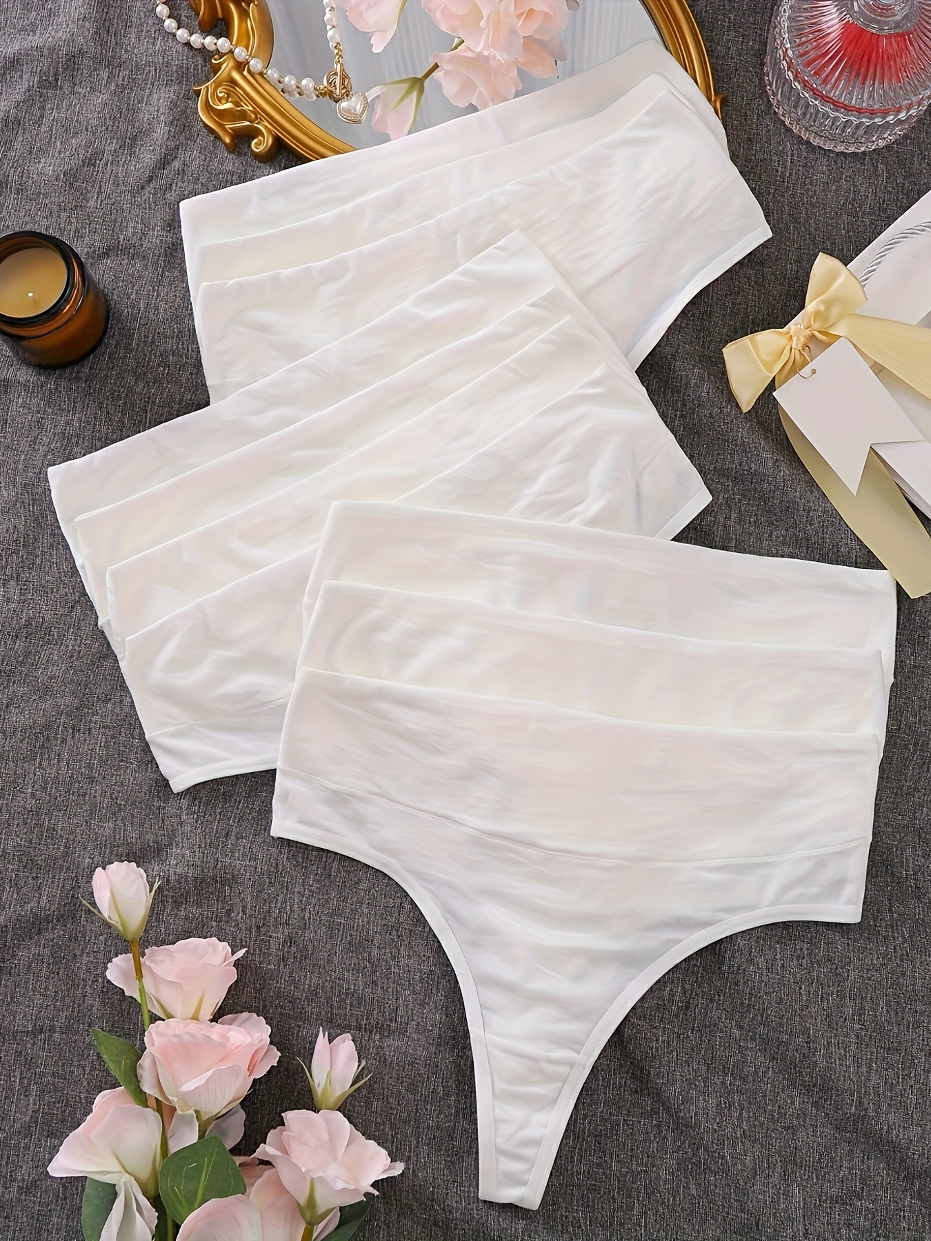 10 Pcs Simple High Waist Panties, Solid White Tummy Control Cheeky  Intimates Briefs, Women's Lingerie & Underwear
