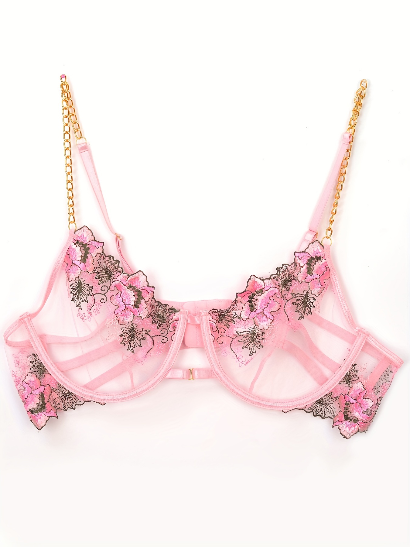 Plus Size Floral Embroidered Metal Chain Strappy Bra Thong - Temu