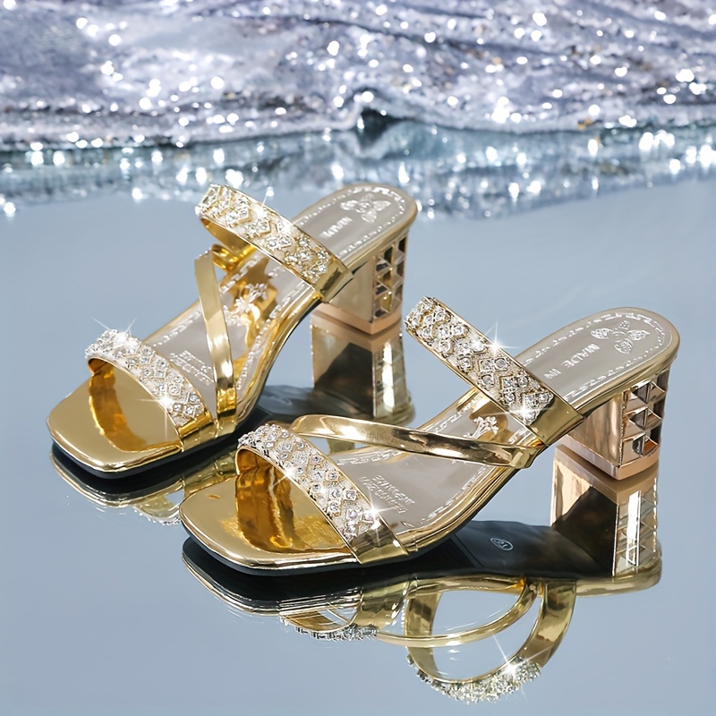 Women's Rhinestone High Heels Sandals, Fashion Square Open Toe Clear Block  Heels, Versatile Dress Sandals - Temu