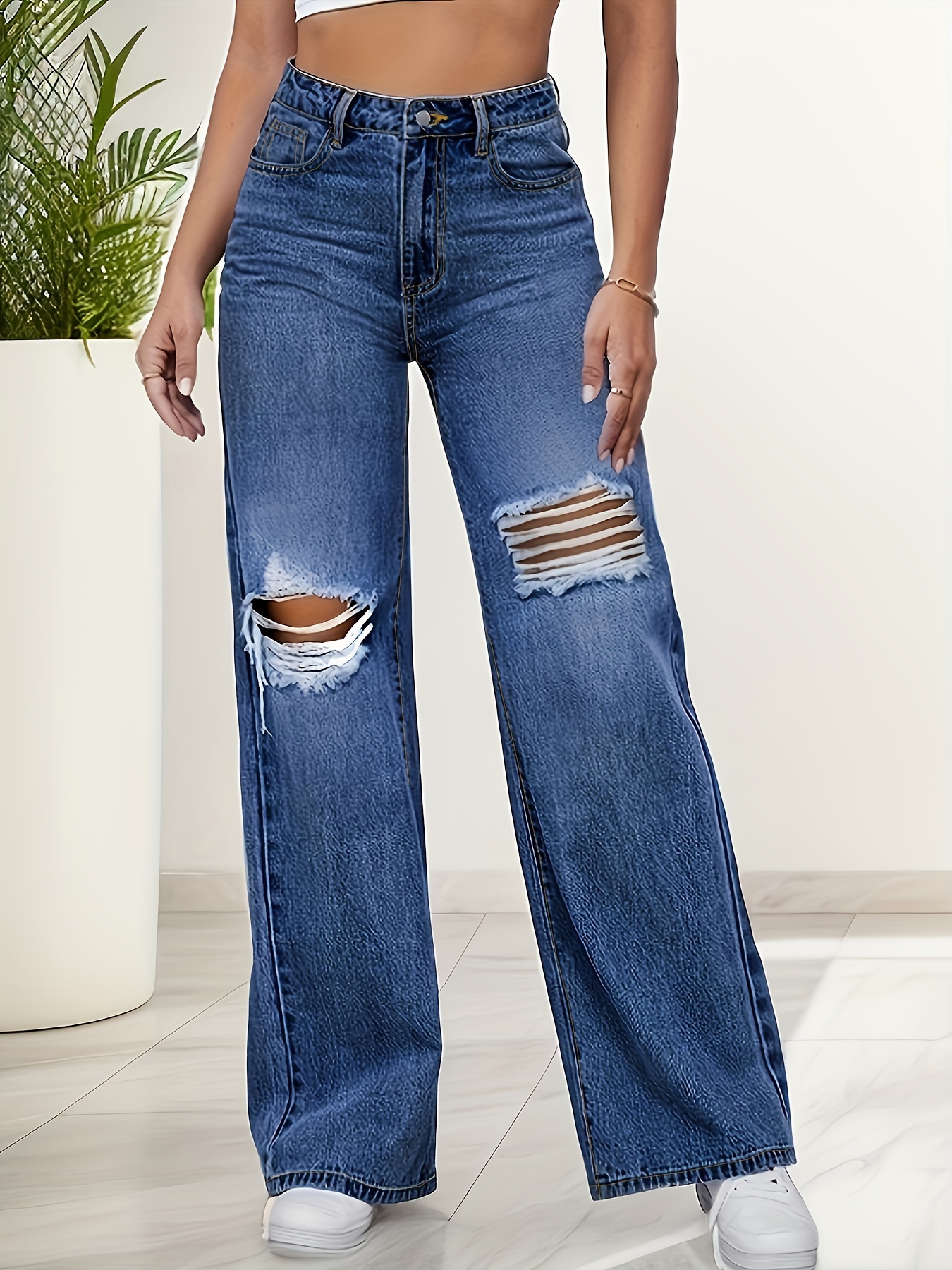 Ripped Holes Casual Baggy Jeans, Loose Fit High Waist Wide Legs Jeans,  Women's Denim Jeans & Clothing