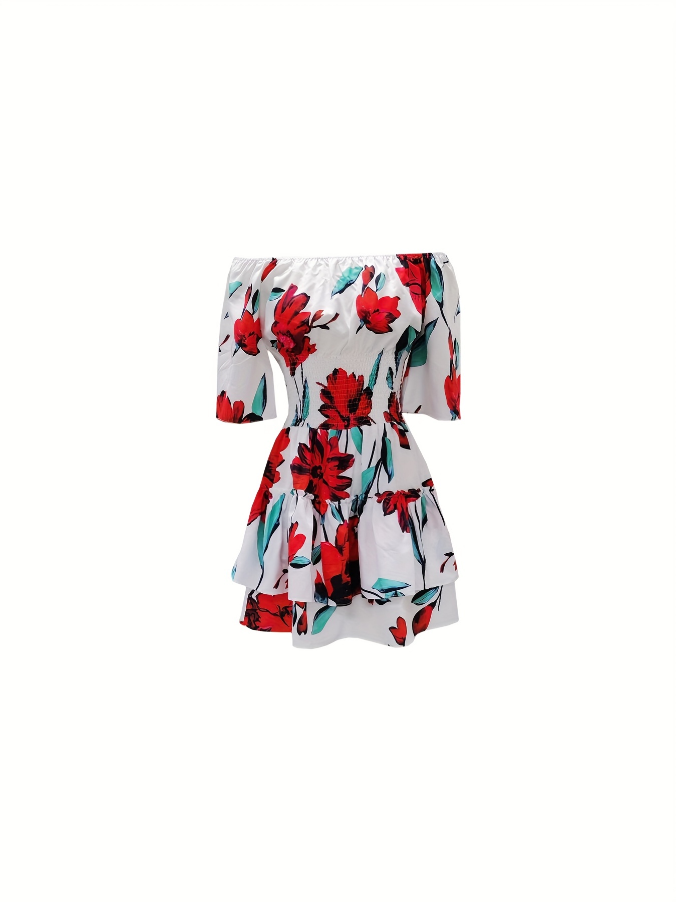 Floral Print Off Shoulder Dress Vacation Layered Dress