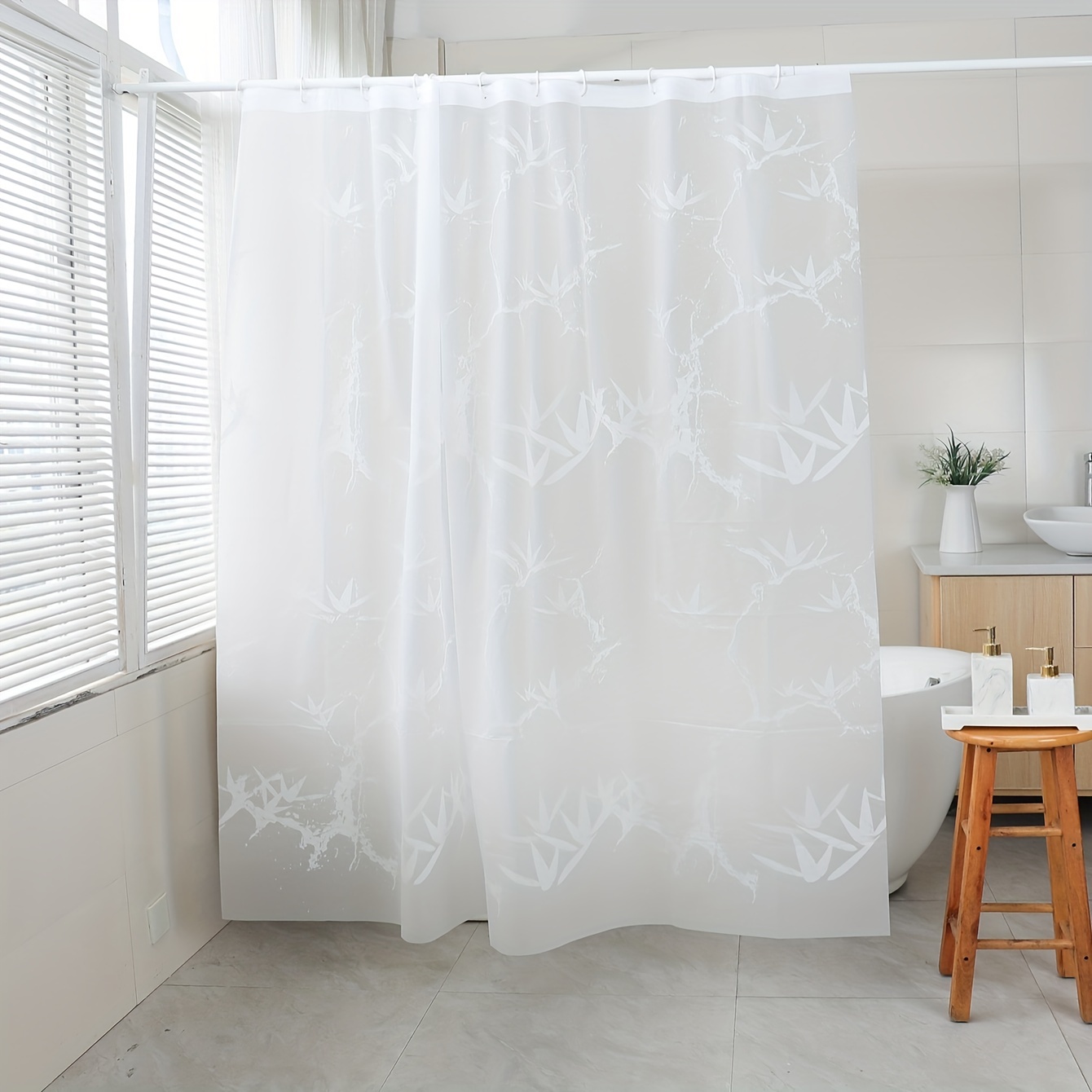 

1pc Waterproof And Mildew-proof White Bamboo Leaf Pattern Shower Curtain With Hooks - Perfect For Bathroom Decor And Windows - 70.87x70.87in