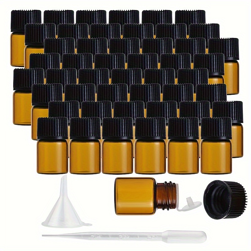 

100pcs Essential Oil Bottles, 1/2ml Mini Makeup Sample Bottle, Empty Refillable Glass Vials With Hole Reducer And Black Cap 1 Pipette And 1 Funnel - Travel Accessories