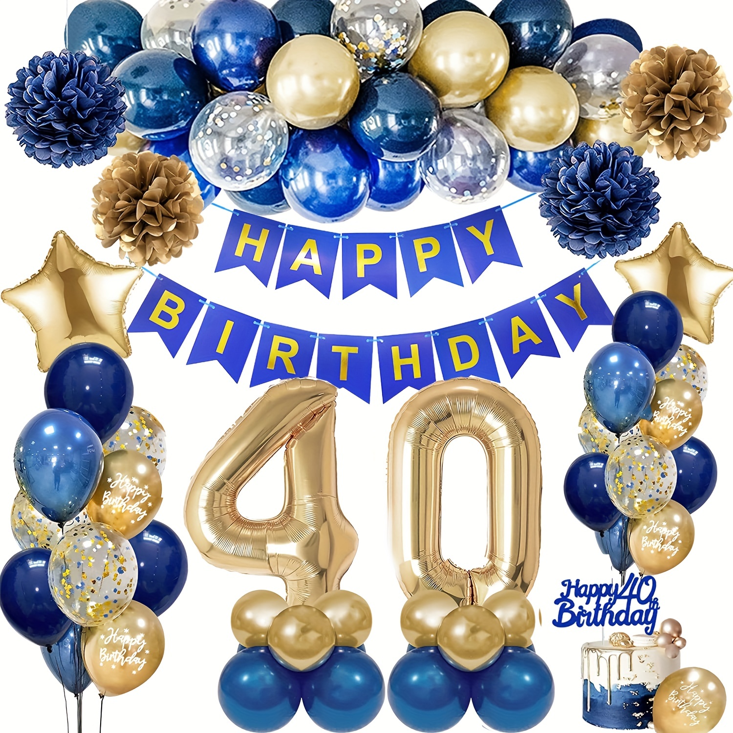 57pcs, Decoraciones de cumpleaños número 40 para hombre, decoración de  cumpleaños número 40 en * marino y dorado, globos de cumpleaños número 40, p