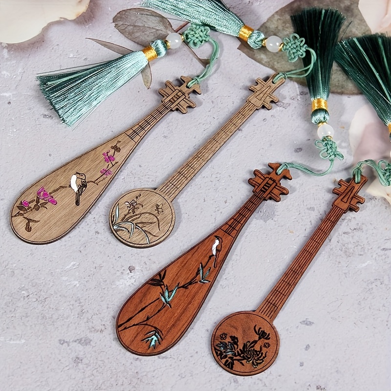 4PCS Bamboo Wooden Bookmarks with Tassels Retro Classical Musical  Instrument Bookmark for Book Lovers